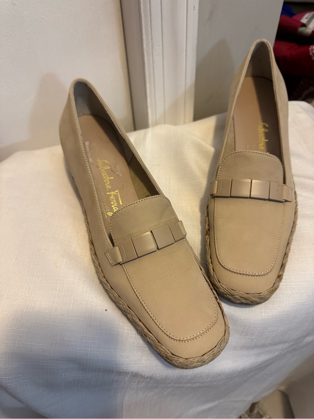Salvatore Ferragamo Neutral Beige Leather Loafers with Bow Accent
